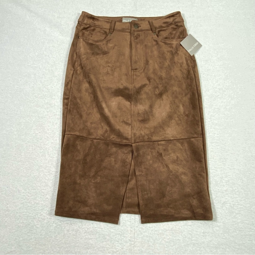 Falls Creek Faux Suede Midi Skirt Women's 8 Brown Front Slit Pockets Elegant NWT